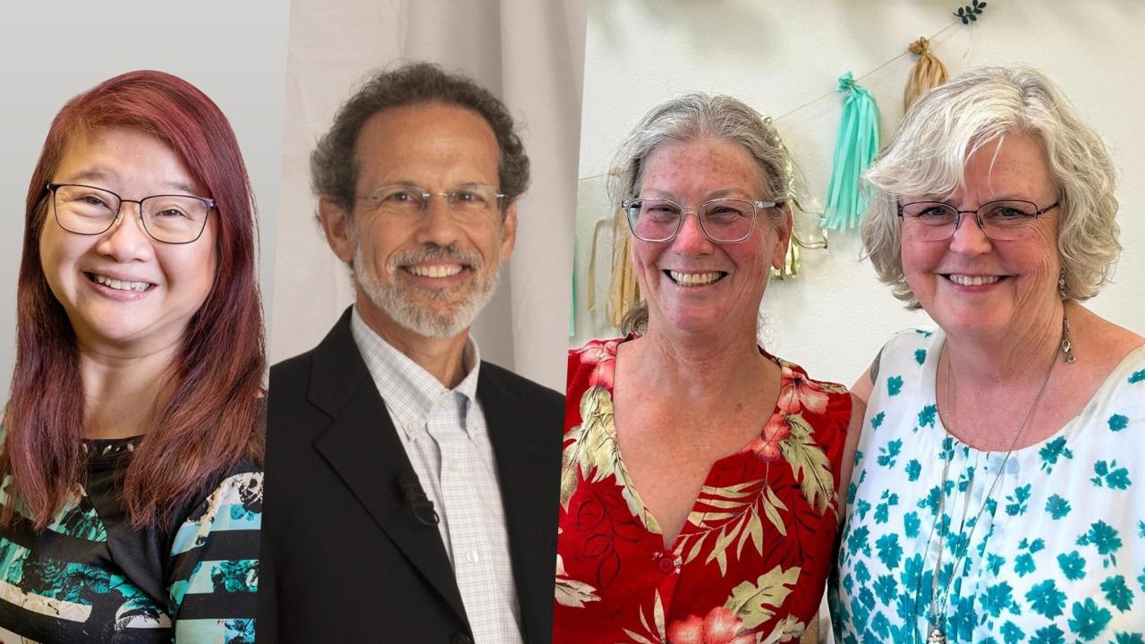 portrait colage of retiring employees - Eileen Beltran, Bob Segar, Mary Gibson and Roxanne Loe
