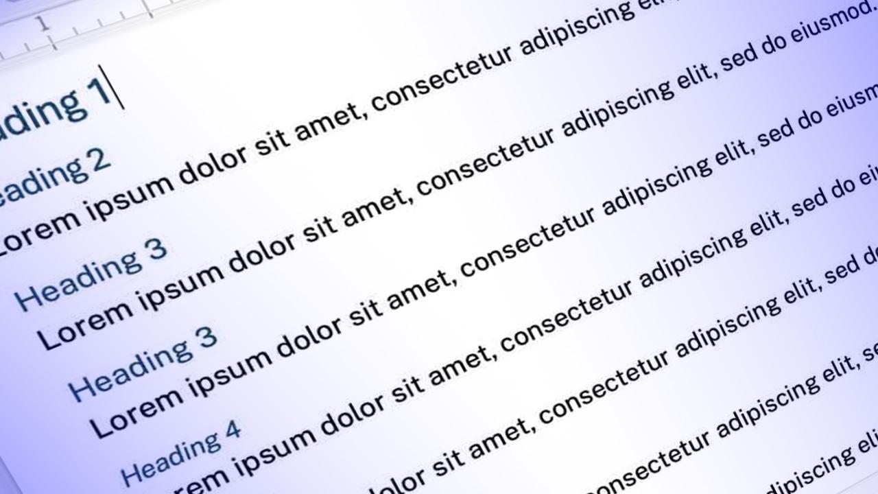 Text document featuring heading styles and placeholder text in various sizes.