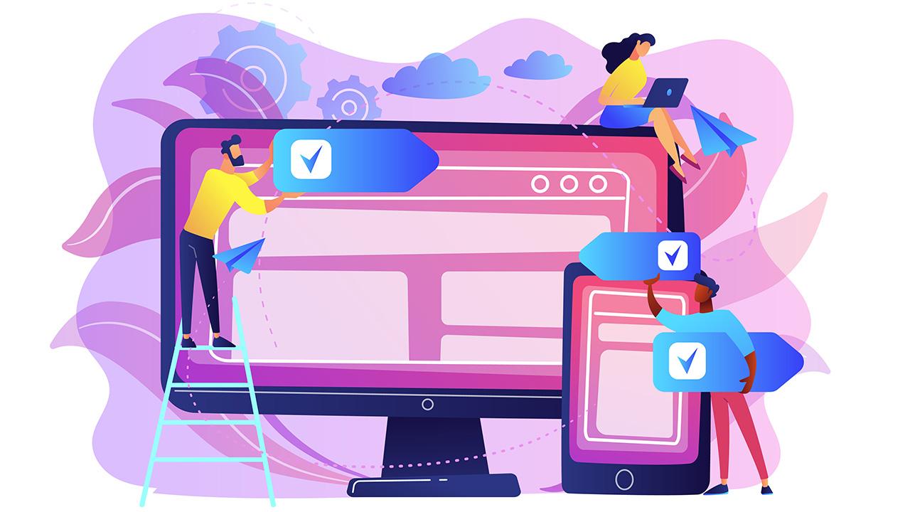 Vector illustration: people updating a website on oversized desktop monitor and smartphone.