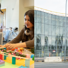 Two images: people arrange colorful objects together on a table. And the glass facade of the Resnick Center rises on campus.